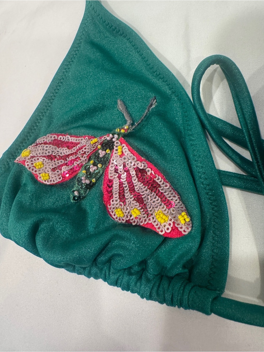 H&M Green Bikini Top with Pink Sequin Butterfly Festival Summer Beach